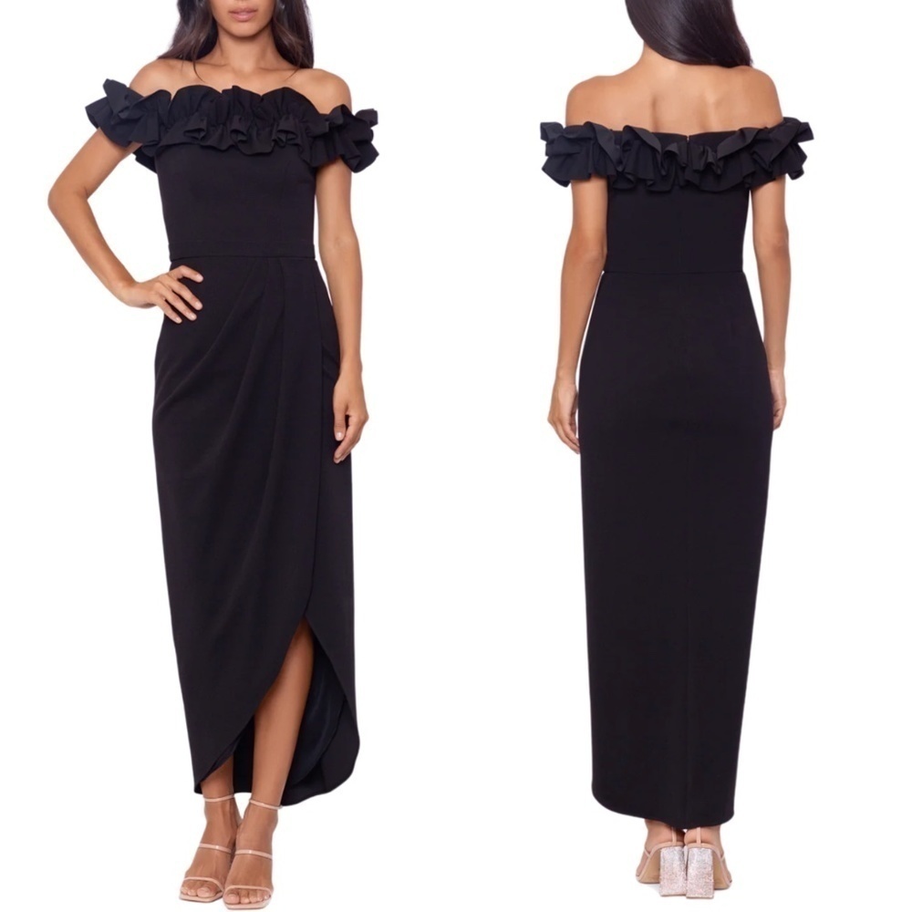 NEW XSCAPE Off Shoulder Ruffle Faux Wrap Tulip Dress in Black Sz. 4